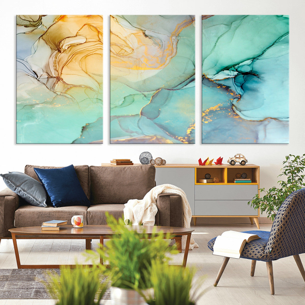 Abstract Aqua and Gold Fluid Wall Art Canvas | 3 Panel Large Canvas Print