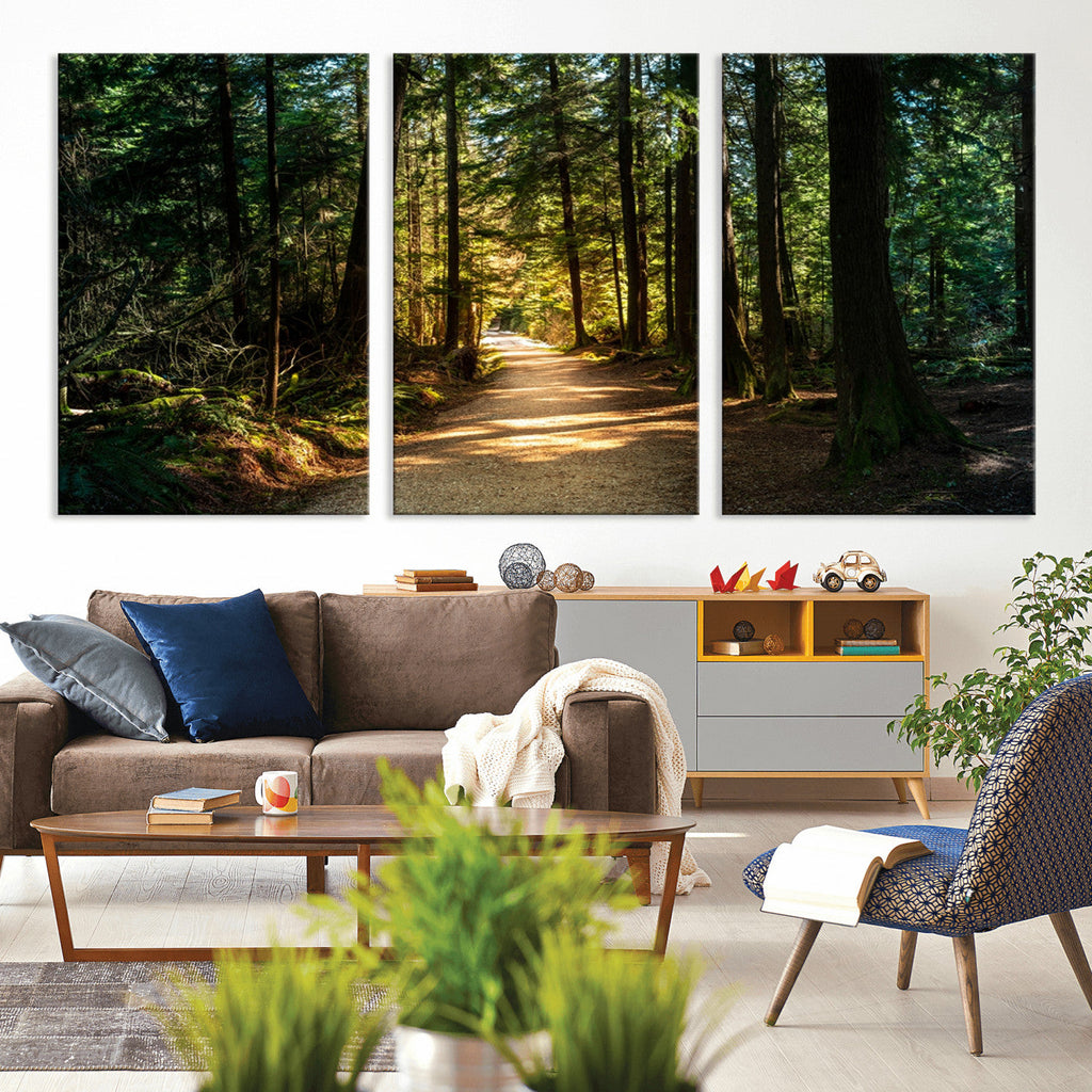 Sunlit Forest Pathway Canvas Print | 3 Panel Large Nature Wall Art