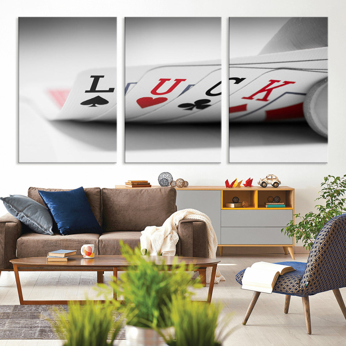 Framed Lucky Poker Cards Canvas | Modern Triptych Wall Art for Game Rooms