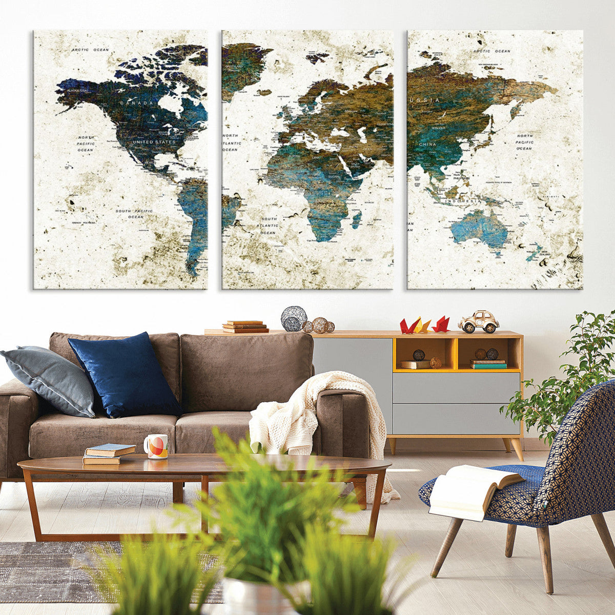 Vintage World Map Wall Art Canvas Print, Framed Rustic Earth Tone Map