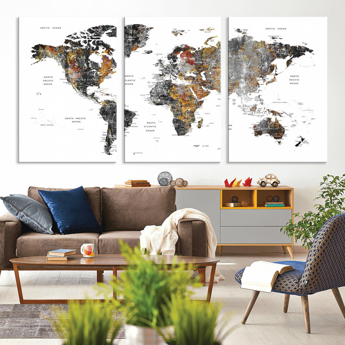 Modern Metallic World Map Canvas Wall Art | Framed Contemporary World Map Print