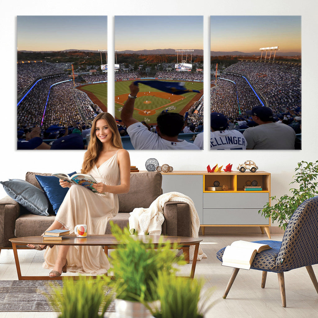 Dodger Stadium Sunset Game Triple Canvas Wall Art, Los Angeles Dodgers MLB Match