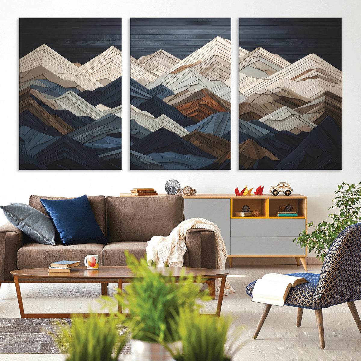 Rustic Mountain Landscape Wall Art Canvas Print, Framed 3D Wooden Effect Mountain Art