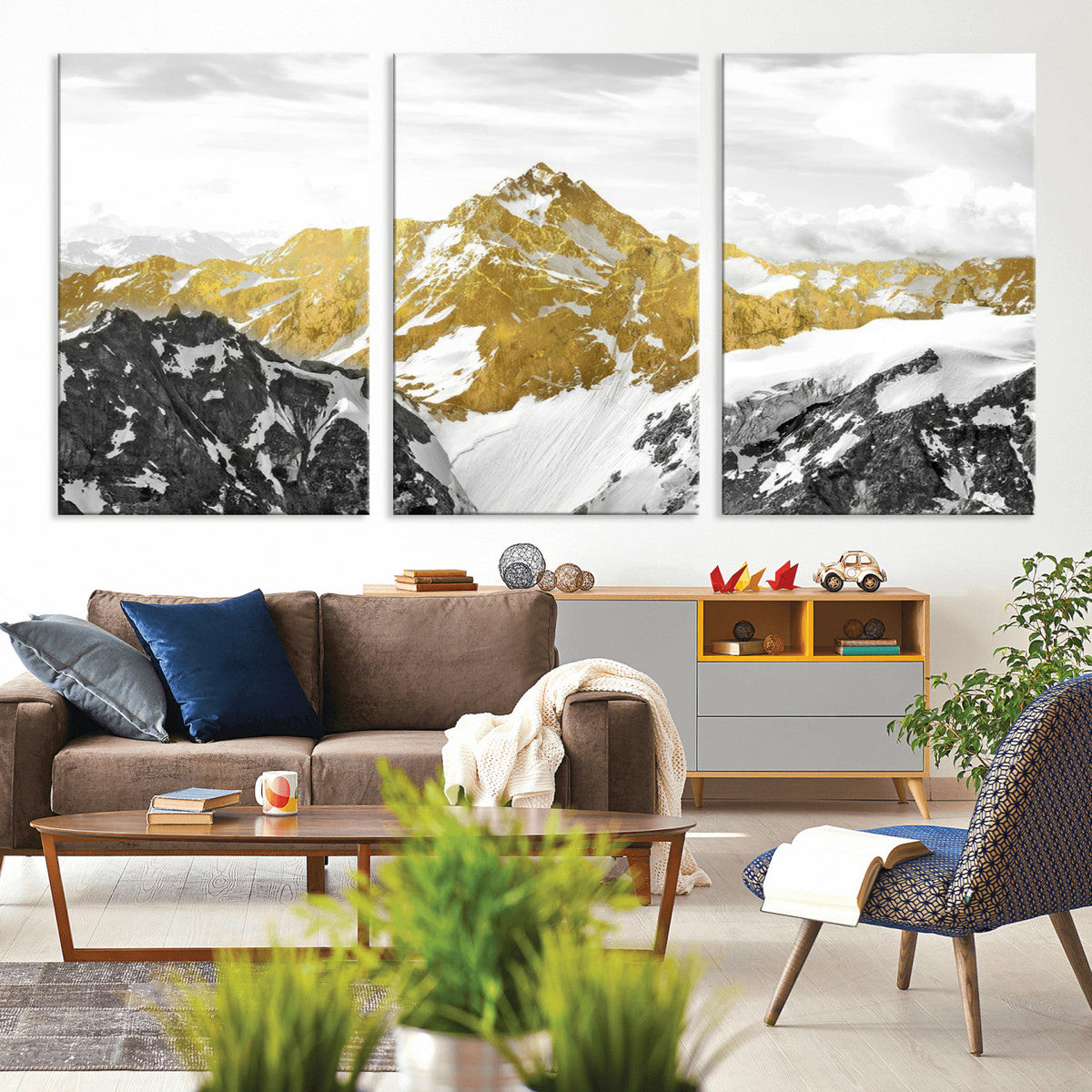 Gold Abstract Mountains Wall Art Print on Canvas, Nature Wall Art Print