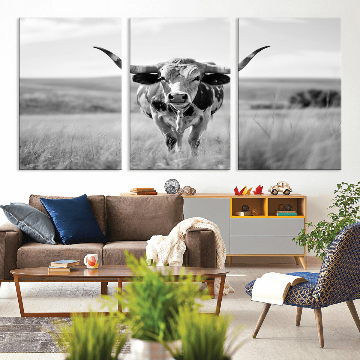 Texas Cow Longhorn Wall Art Canvas Print for Farm House Wall Art, Framed and Ready to Hang