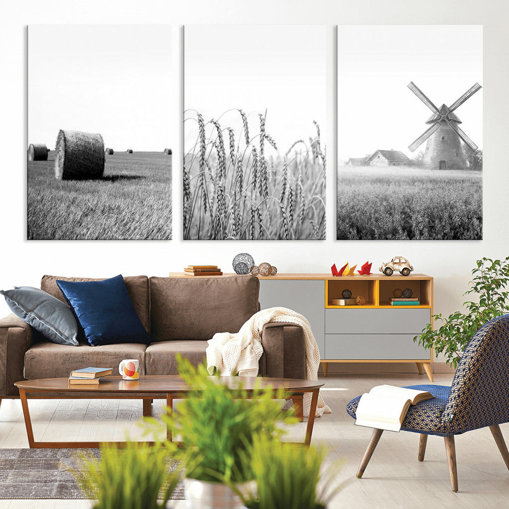 Vintage Farmhouse Black and White Triptych Wall Art, Giclee Canvas with Wheat Fields, Hay Bales and Windmill