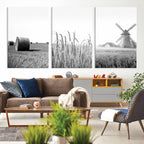 Vintage Farmhouse Black and White Triptych Wall Art, Giclee Canvas with Wheat Fields, Hay Bales and Windmill