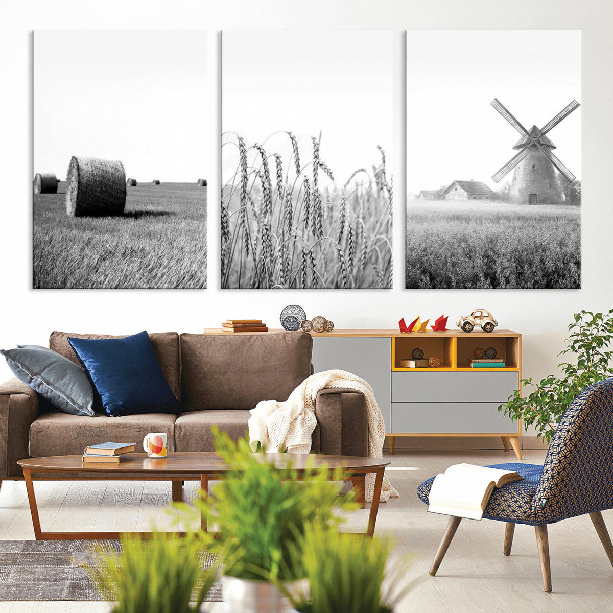 Vintage Farmhouse Black and White Triptych Wall Art, Giclee Canvas with Wheat Fields, Hay Bales and Windmill