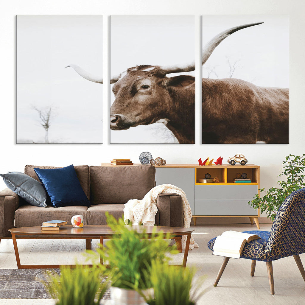 Rustic Bull Wall Art Canvas Print, Modern Longhorn Farmhouse Animal Decor
