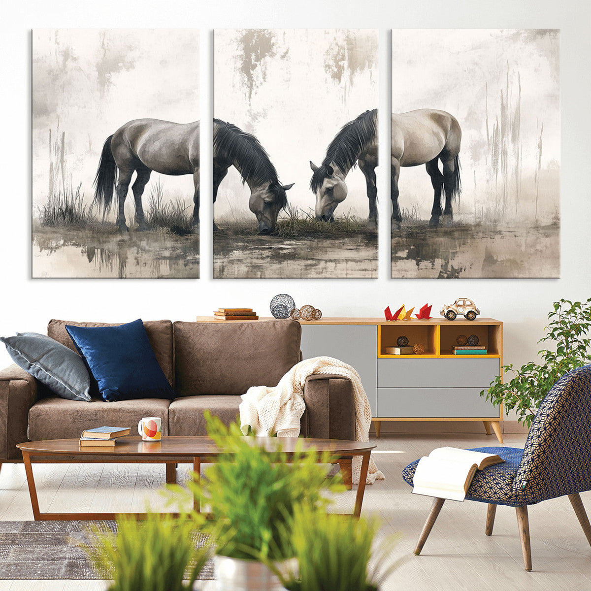 Chinese Ink Style Vintage Horses Wall Art Canvas Print