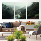 Misty Forest Wall Art, Tranquil Nature Landscape, Ready to Hang | Extra Large 3 Piece Canvas Wall Art