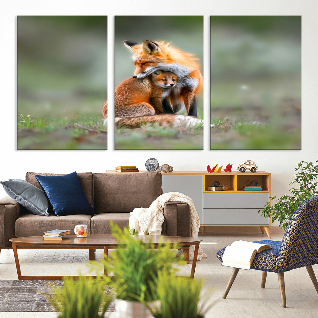 Heartwarming Fox and Baby Cub Wall Art | Canvas Print of Foxes in Nature