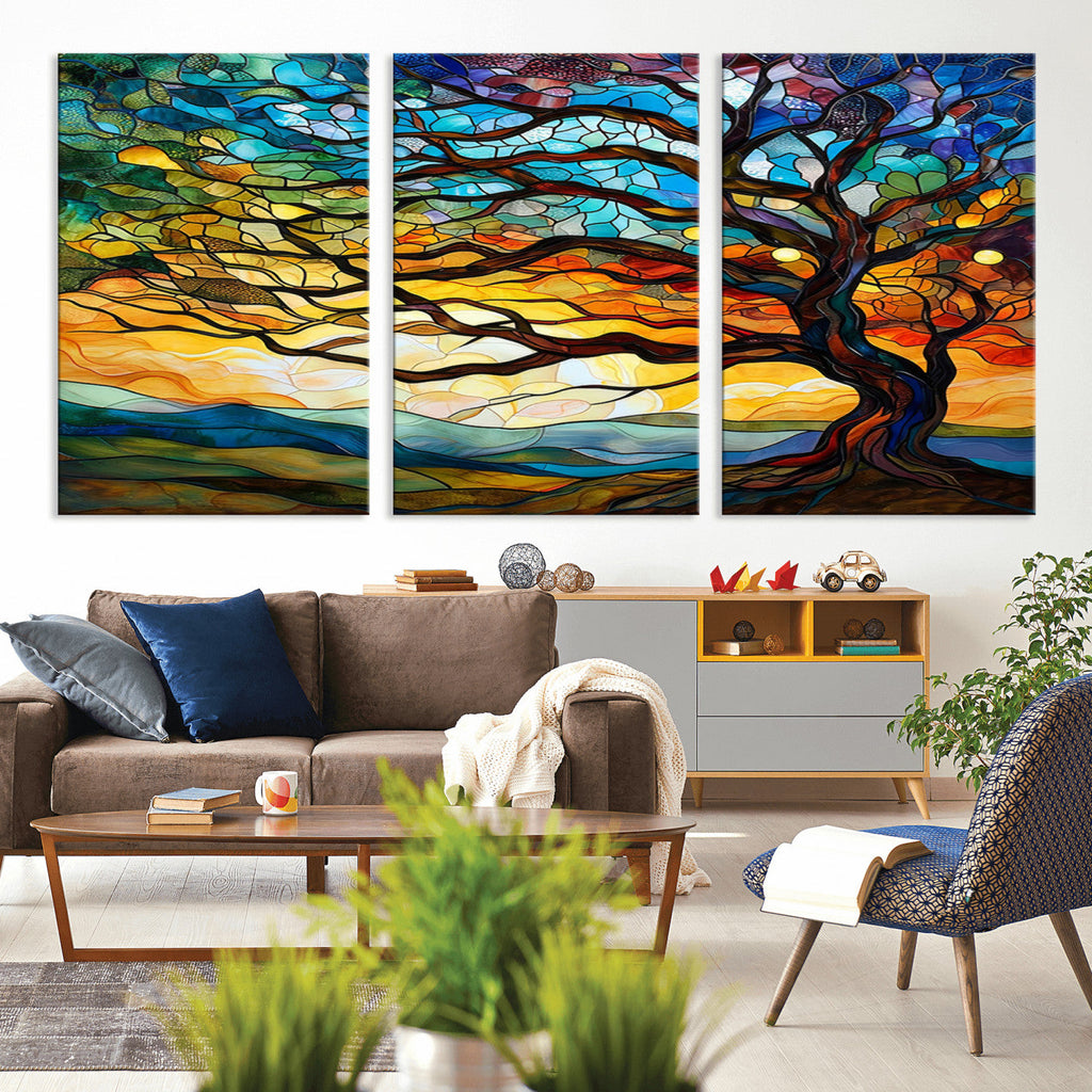 Vibrant Mosaic Tree of Life Wall Art, Stained Glass Style Canvas Print