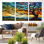 Vibrant Mosaic Tree of Life Wall Art, Stained Glass Style Canvas Print