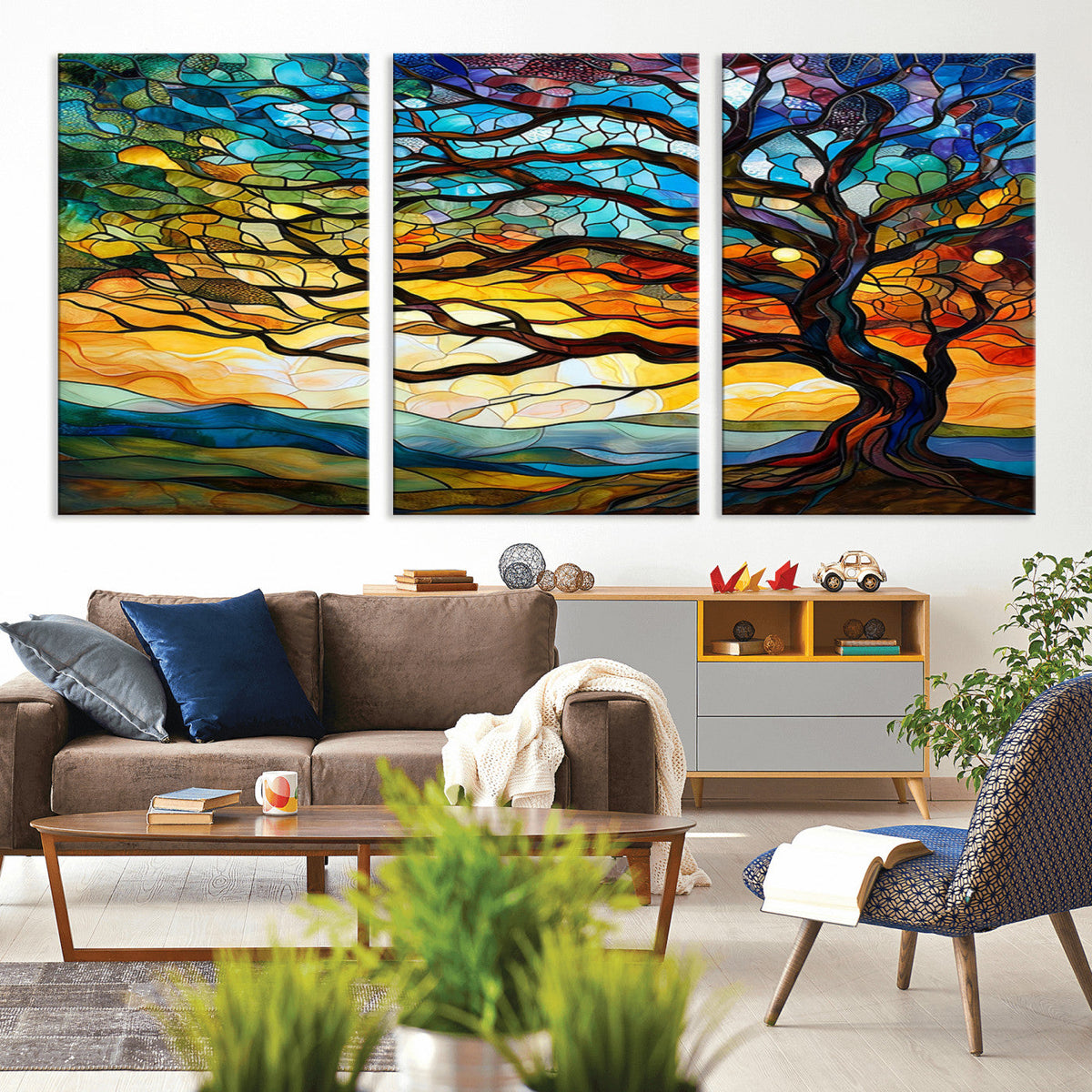 Vibrant Mosaic Tree of Life Wall Art, Stained Glass Style Canvas Print