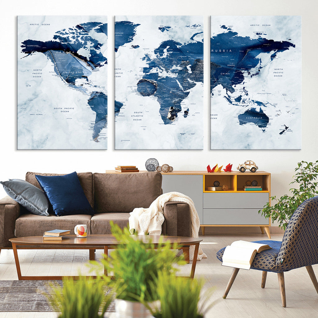 Modern Blue World Map Canvas Print | Elegant Travel Map Wall Art for Home Office