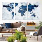Modern Blue World Map Canvas Print | Elegant Travel Map Wall Art for Home Office