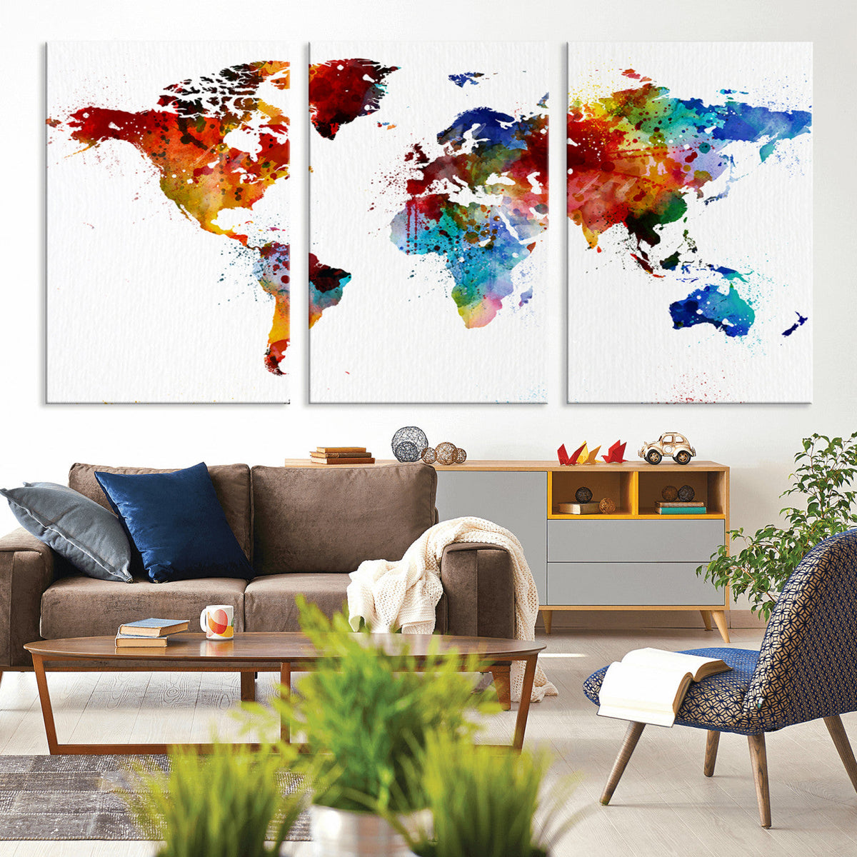 Colorful World Map Canvas Wall Art Print, Contemporary Global Map Artwork