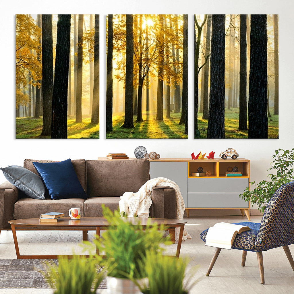 Sunlit Forest Wall Art Canvas Print, Large Framed Woodland Scene with Golden Light