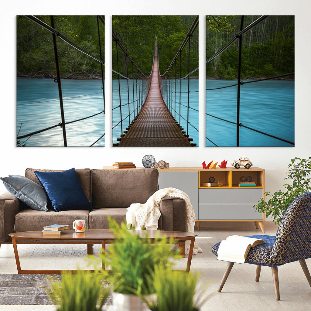 Suspension Bridge Over River Canvas Art | 3-Panel Nature Wall Art