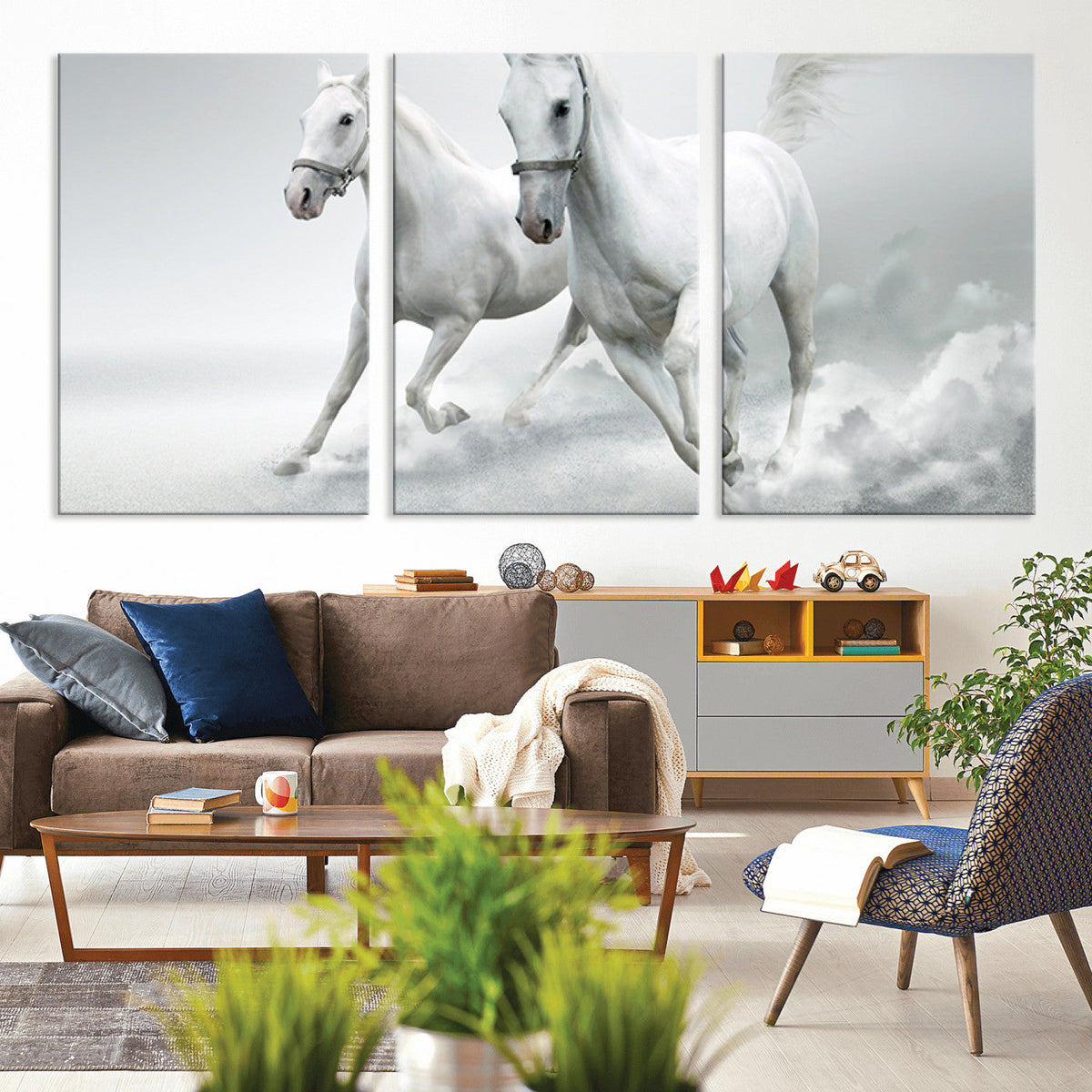 Large Wall Art Canvas Print, Beautiful Running White Horses