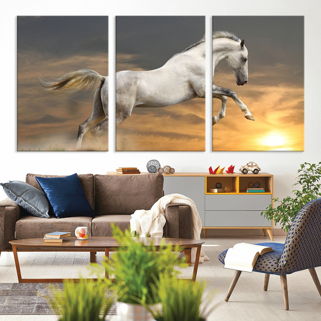 Large Wall Art Canvas Print, White Jumping Horse at Sunset