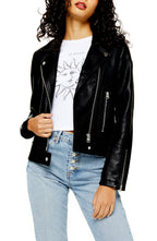 Women's Topshop Teddy Faux Leather Biker Jacket, Size 4 US - Black