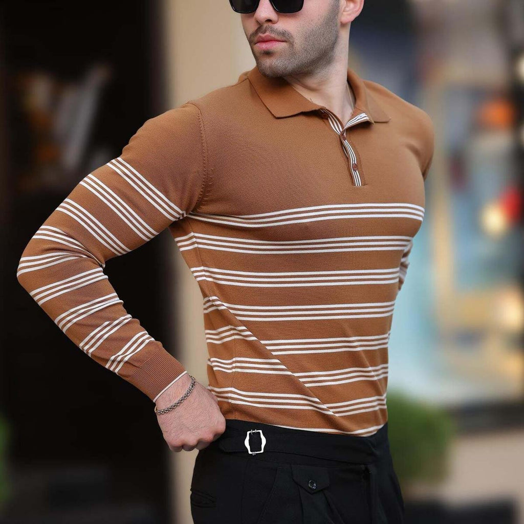Striped Polo Sweater // Brown