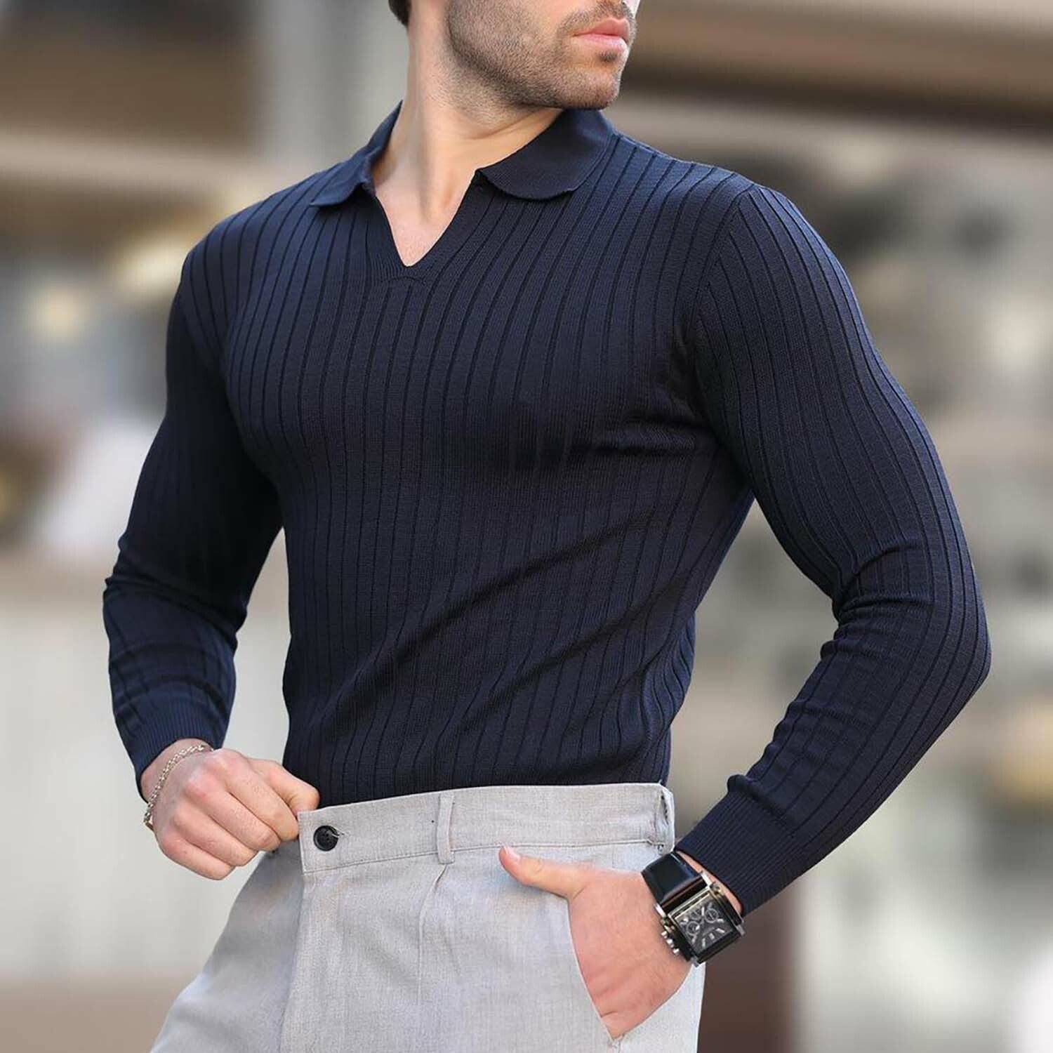 V-Neck Rib Knit Polo Sweater // Navy
