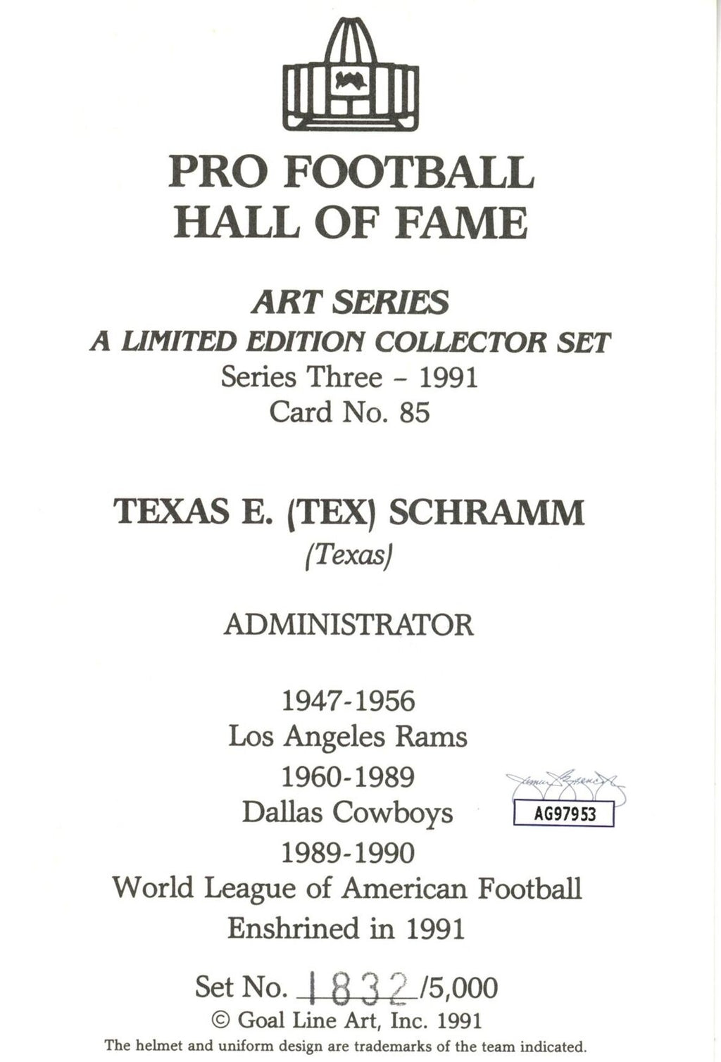 Texas E. "Tex" Schramm HOF Autographed Goal Line Art GLAC Postcard Cowboys JSA