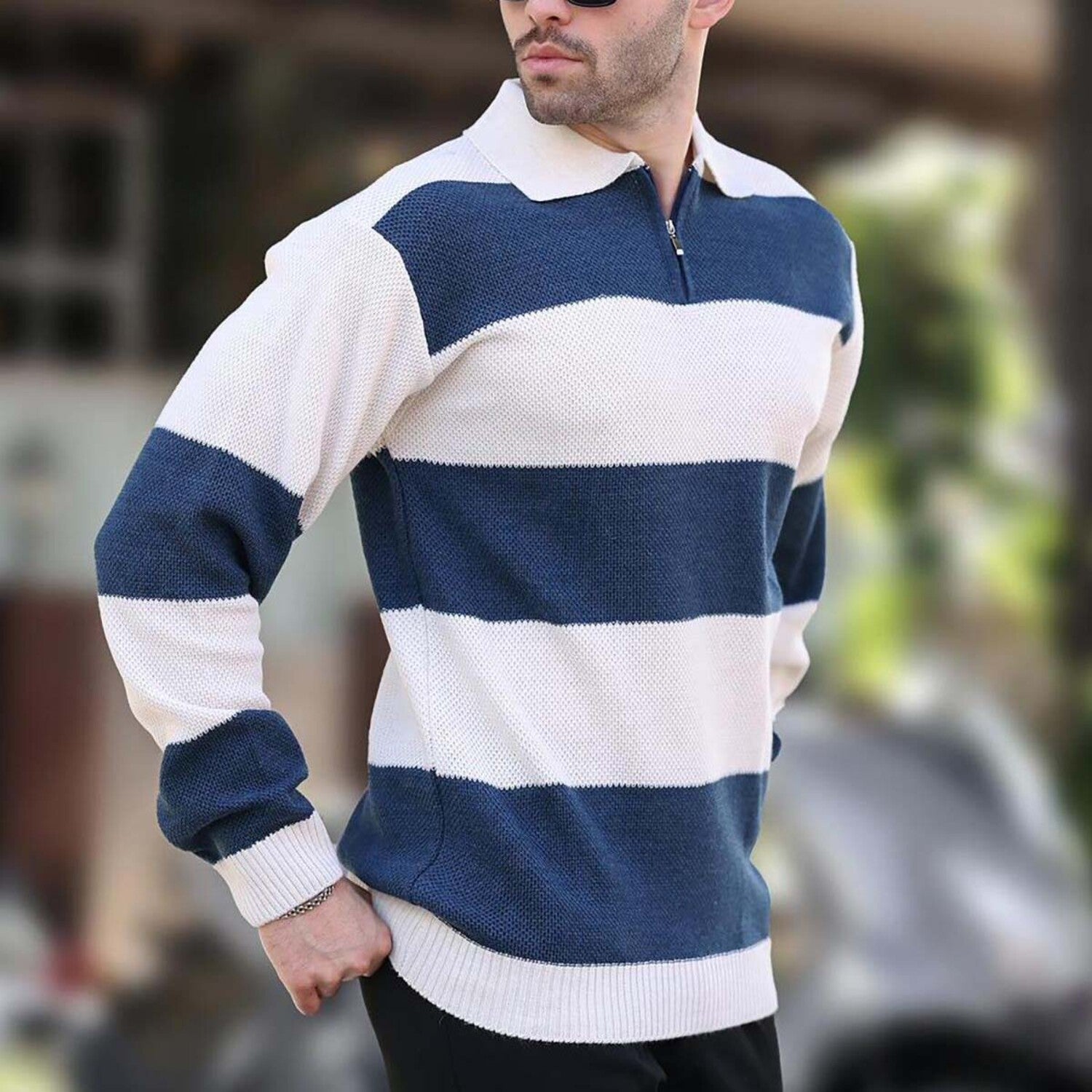 Quarter-Zip Striped Polo Sweater // Beige + Navy