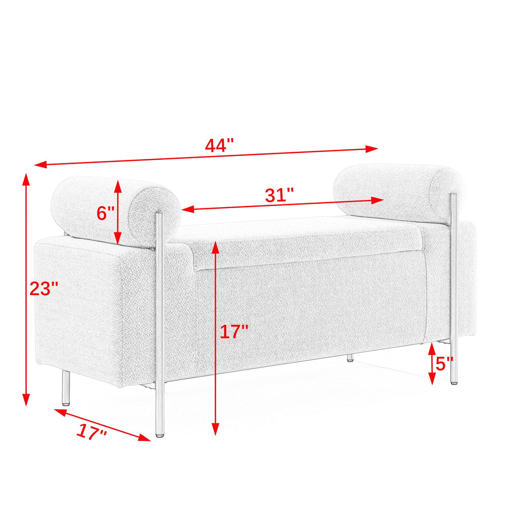 Elegant Upholstered Storage Bench With Cylindrical Arms And Iron Legs