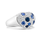 18K White Gold Blue Sapphire and 5/8 Cttw Diamond Cluster Heart Shaped  Ring (F-G Color, VS1-VS2 Clarity) - Size 7.5
