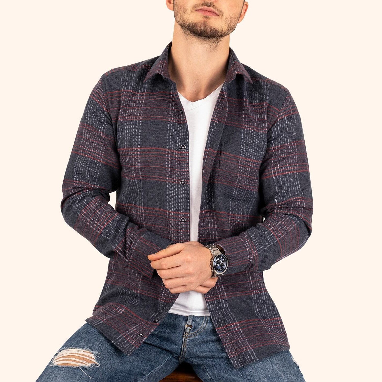 Plaid Flannel Button-Up Shirt // Navy