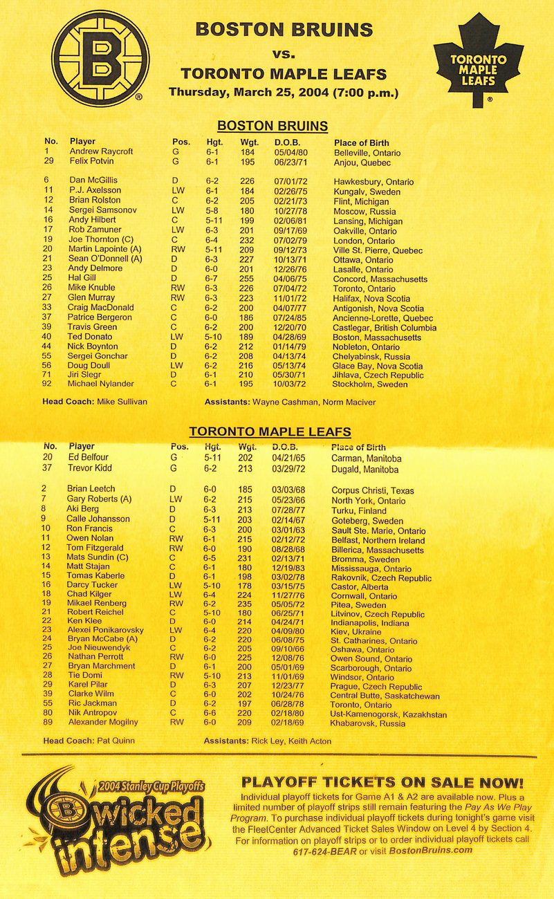 March 25 2004  Boston Bruins vs Toronto Maple Leafs Offical  Game Program 182033