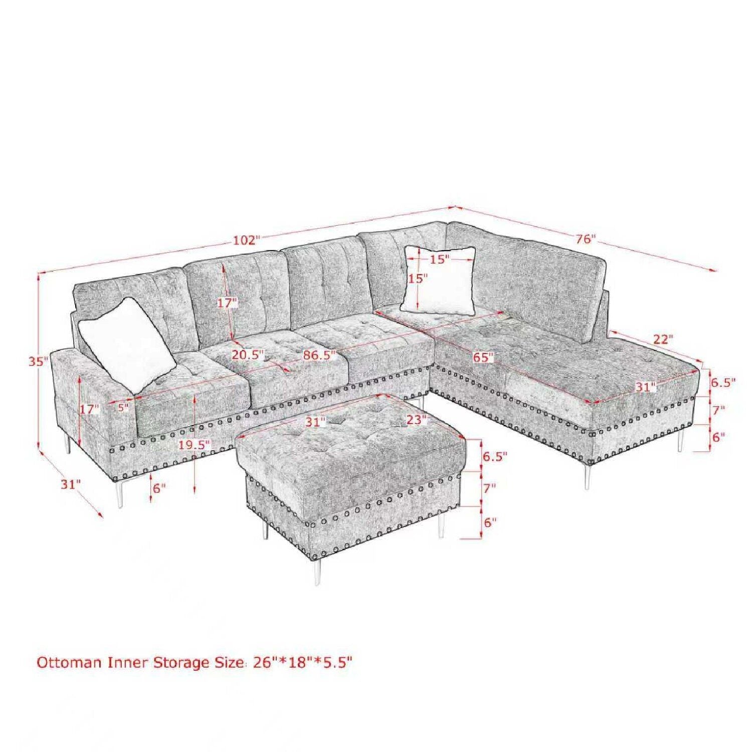 L-Shaped Sectional Sofa With Chaise And Storage Ottoman