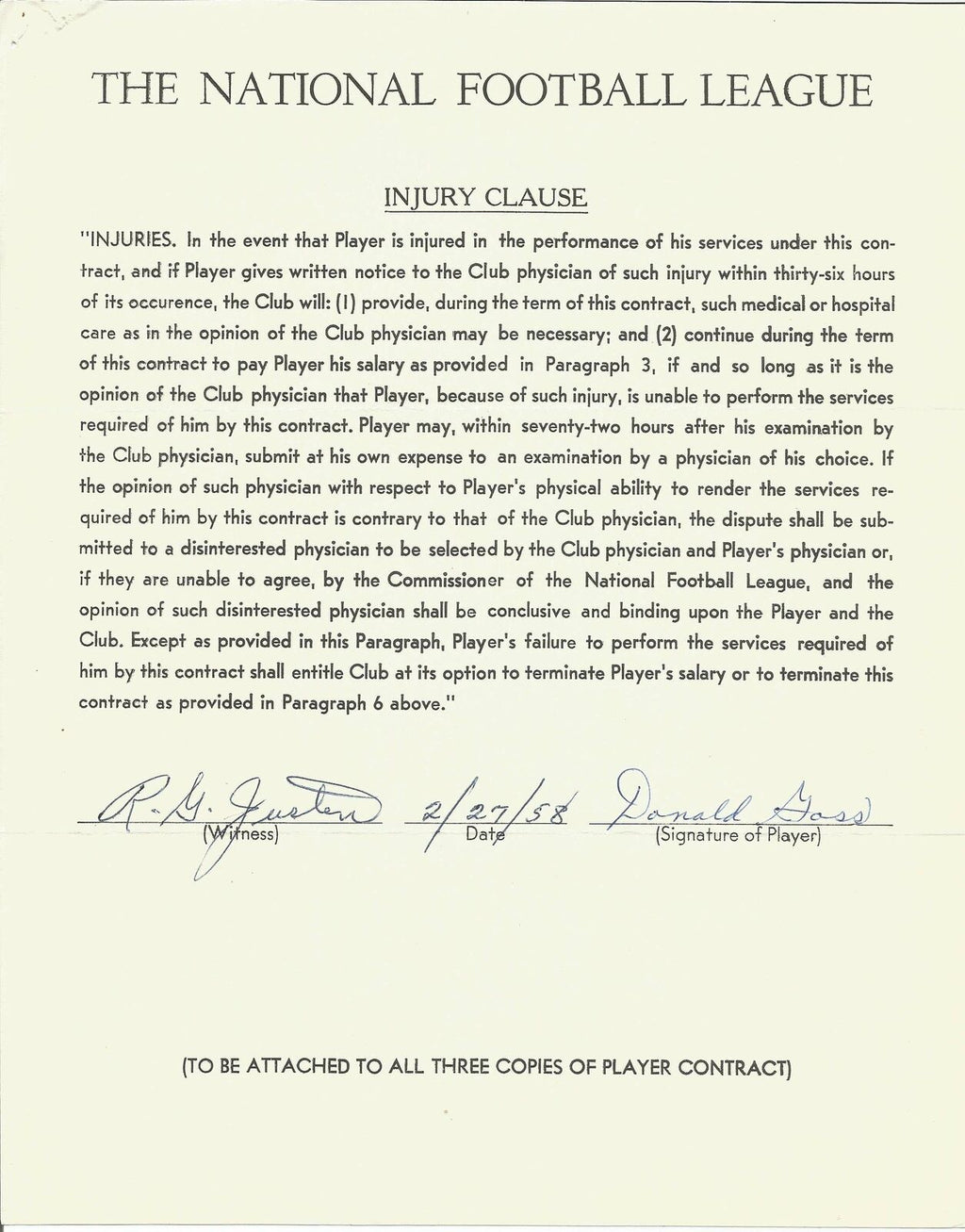 Donald Goss Cleveland Browns Signed/Autographed 1958 NFL Injury Clause 150387
