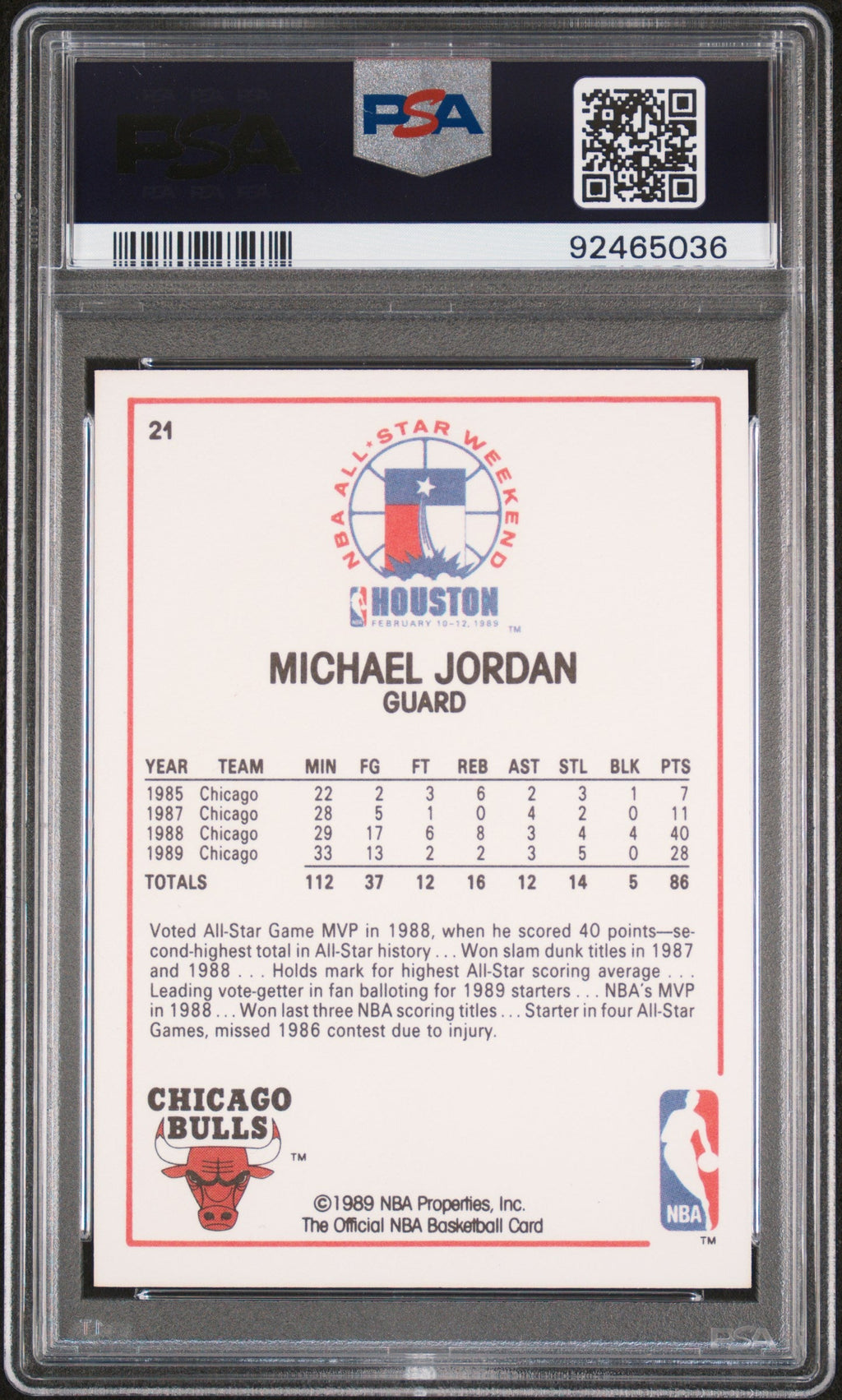 Graded 1989 Hoops Michael Jordan #21 All Star Basketball Card PSA 9 Mint