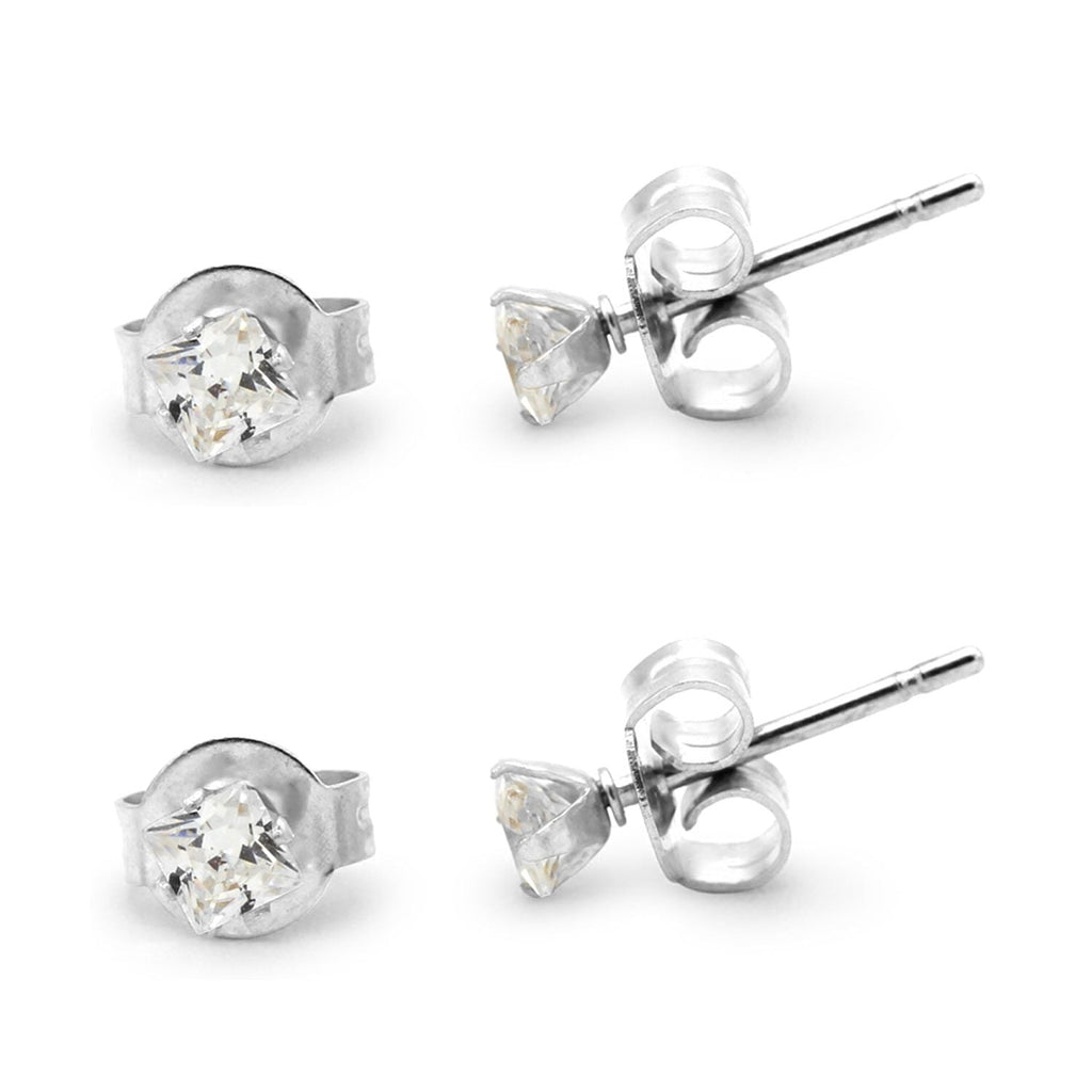Cubic Zirconia Square Silver Stud Earrings Set Of 2 Stainless Steel Jewelry Men Women