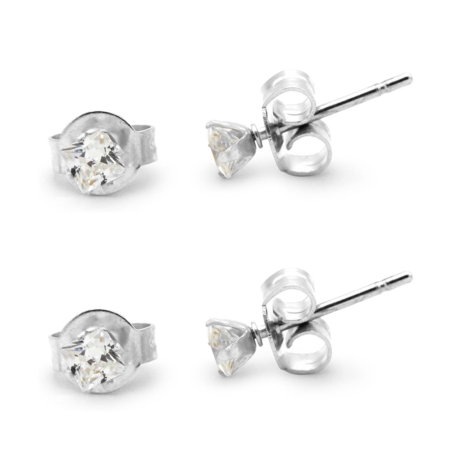 Cubic Zirconia Square Silver Stud Earrings Set Of 2 Stainless Steel Jewelry Men Women
