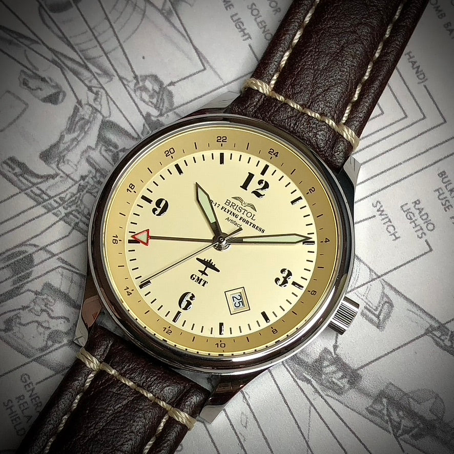 B-17 Tribute - Polished Finish, Beige Dial, Stainless Steel, Brown Leather Band with Stitching