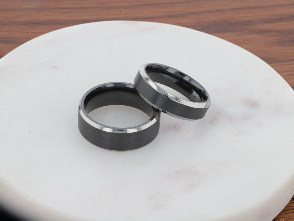 ATNOS Men’s Black Titanium Wedding Ring with Brushed Center and Polished Beveled Edges — 6mm & 8mm