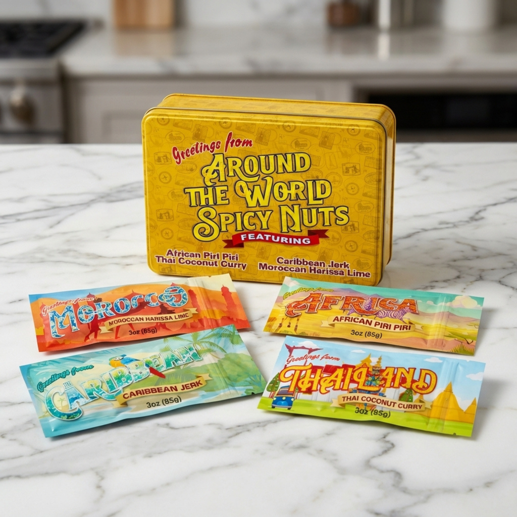 Around the World Spicy Mixed Nuts Sampler Tin – A Global Culinary Adventure