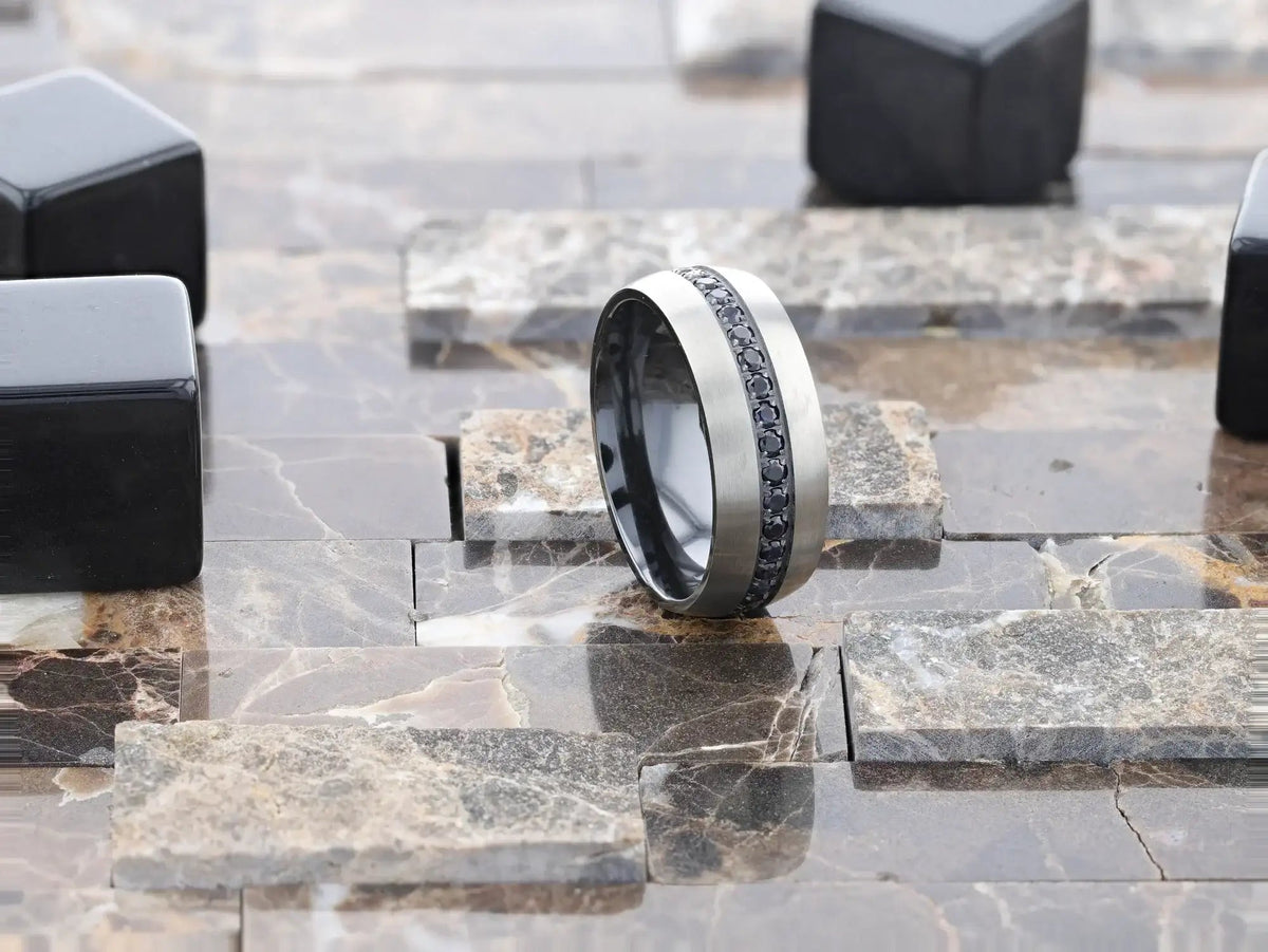 AVIATOR Domed Brushed Titanium Men's Wedding Band with Black Sapphire Stones Inlay - 8mm