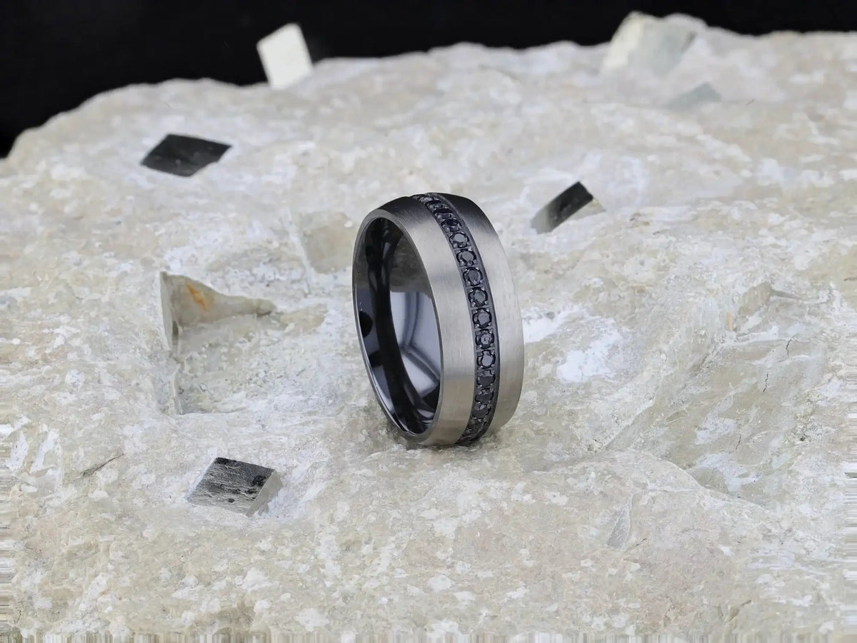 AVIATOR Domed Brushed Titanium Men's Wedding Band with Black Sapphire Stones Inlay - 8mm