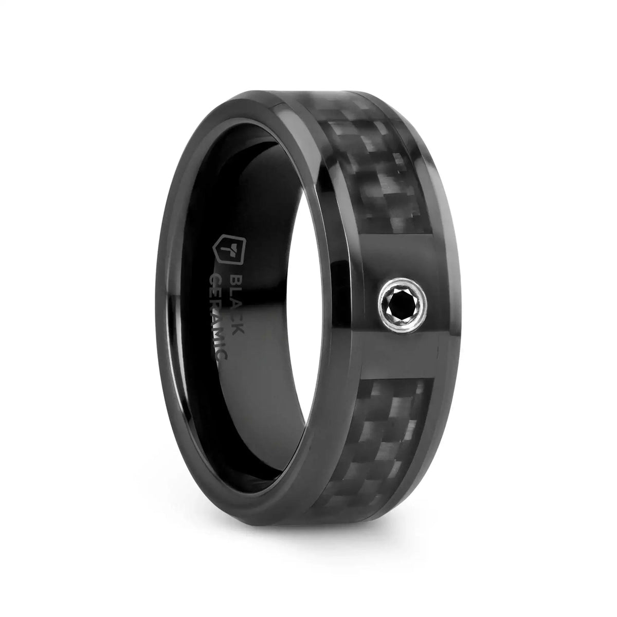 ABERDEEN Black Ceramic Band with Black Diamond and Black Carbon Fiber Inlay - 8mm