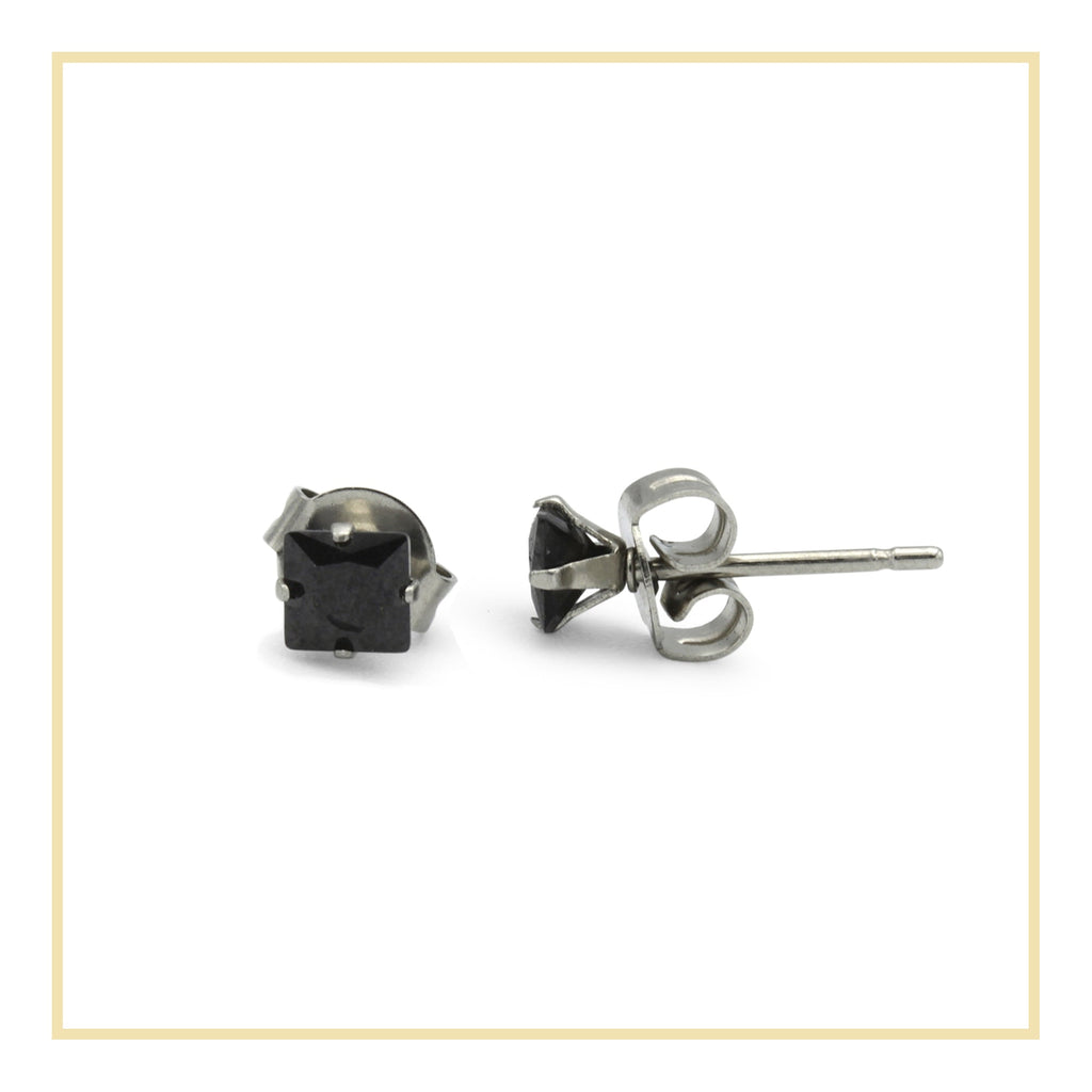 Cubic Zirconia Square Stud Earrings Stainless Steel Black Jewelry Men Women