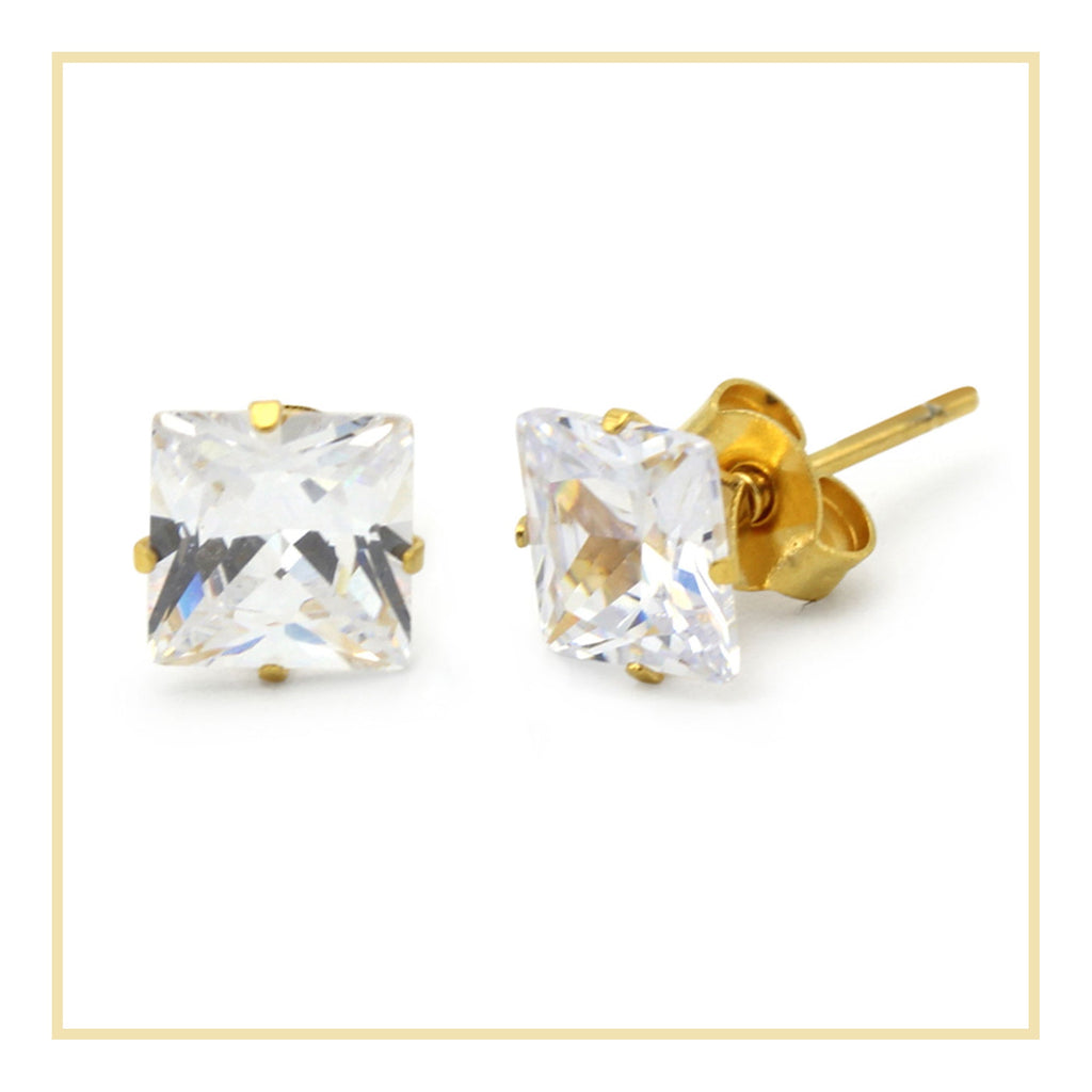 Cubic Zirconia Square 14K Gold Filled Stud Earrings Stainless Steel Jewelry Men Women
