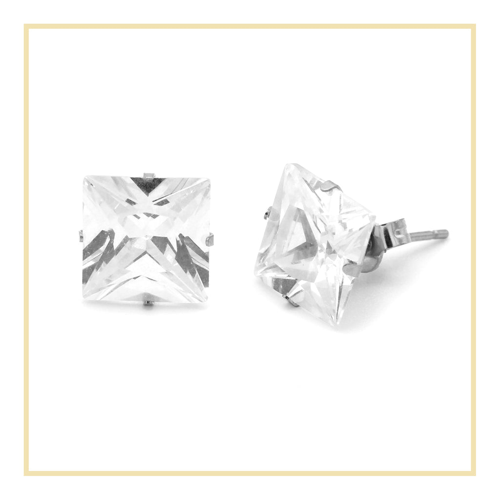 Cubic Zirconia Square Stud Earrings Stainless Steel Silver Jewelry Men Women