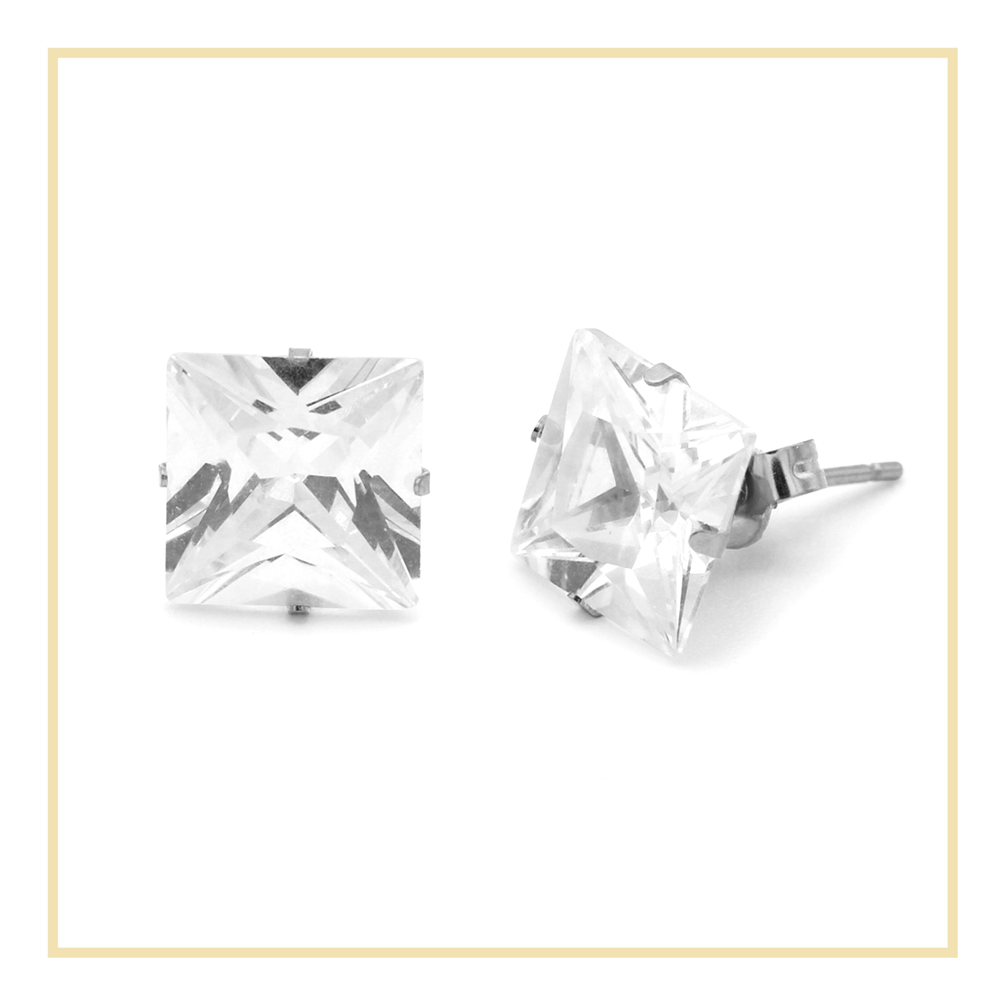 Cubic Zirconia Square Stud Earrings Stainless Steel Silver Jewelry Men Women